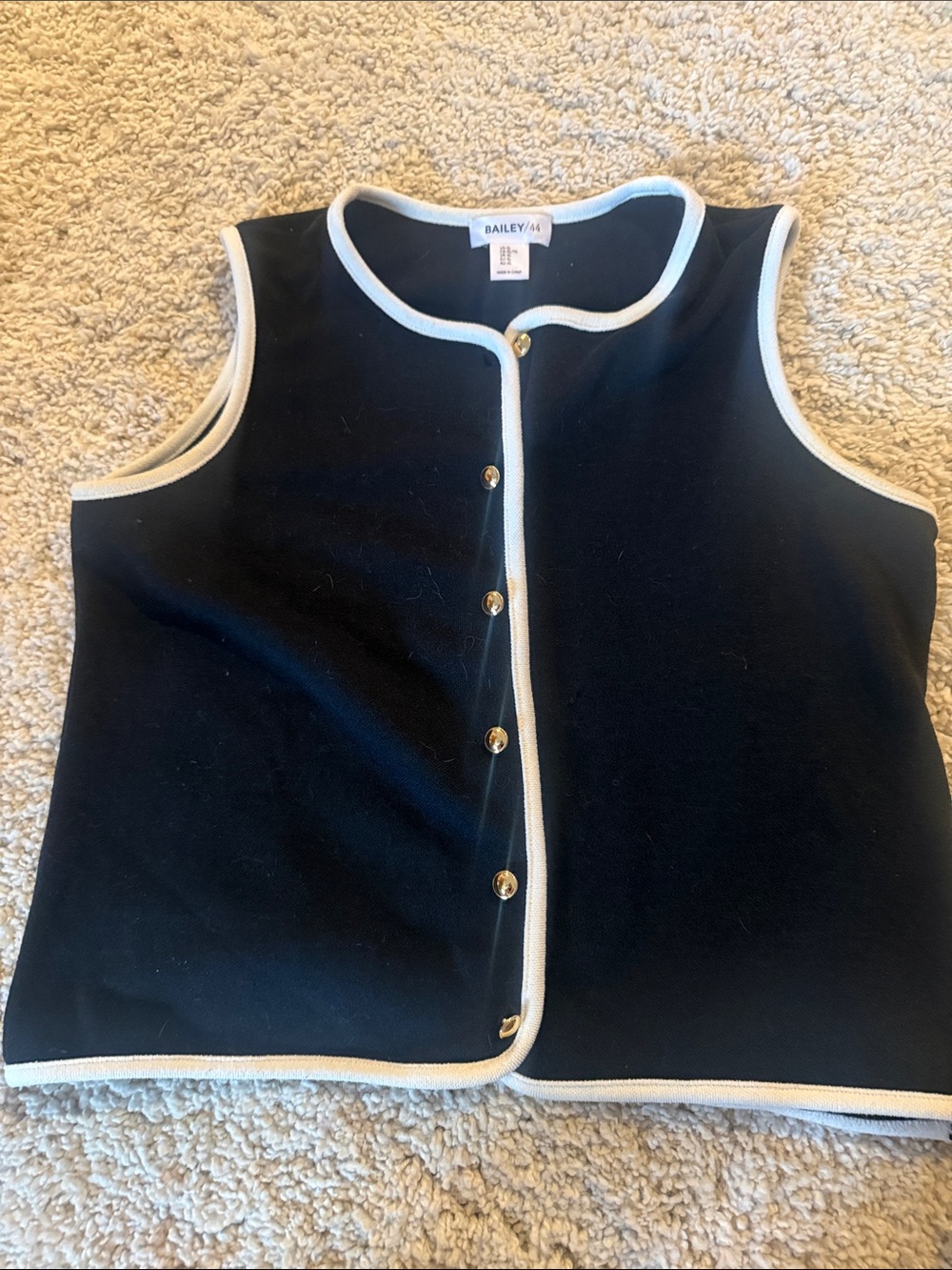 Bailey 44 Black Vest with White Trim and Gold Buttons